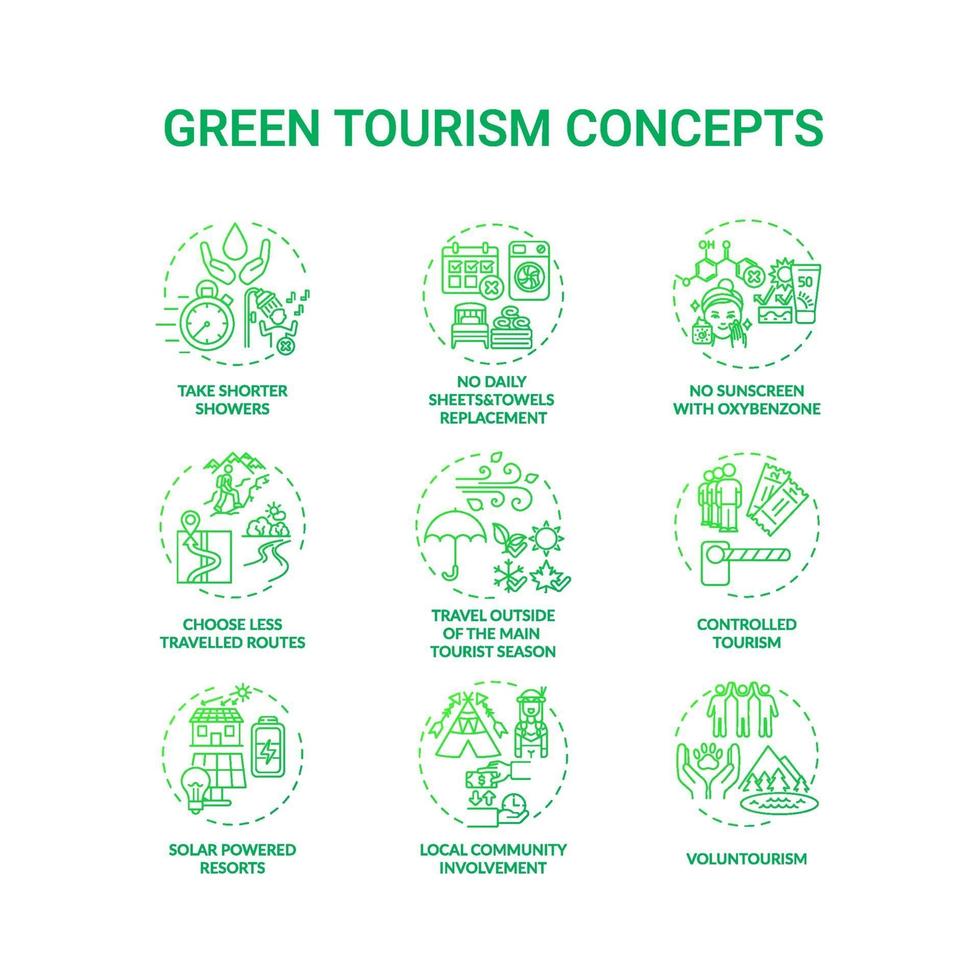 Conjunto de iconos de concepto de turismo verde vector