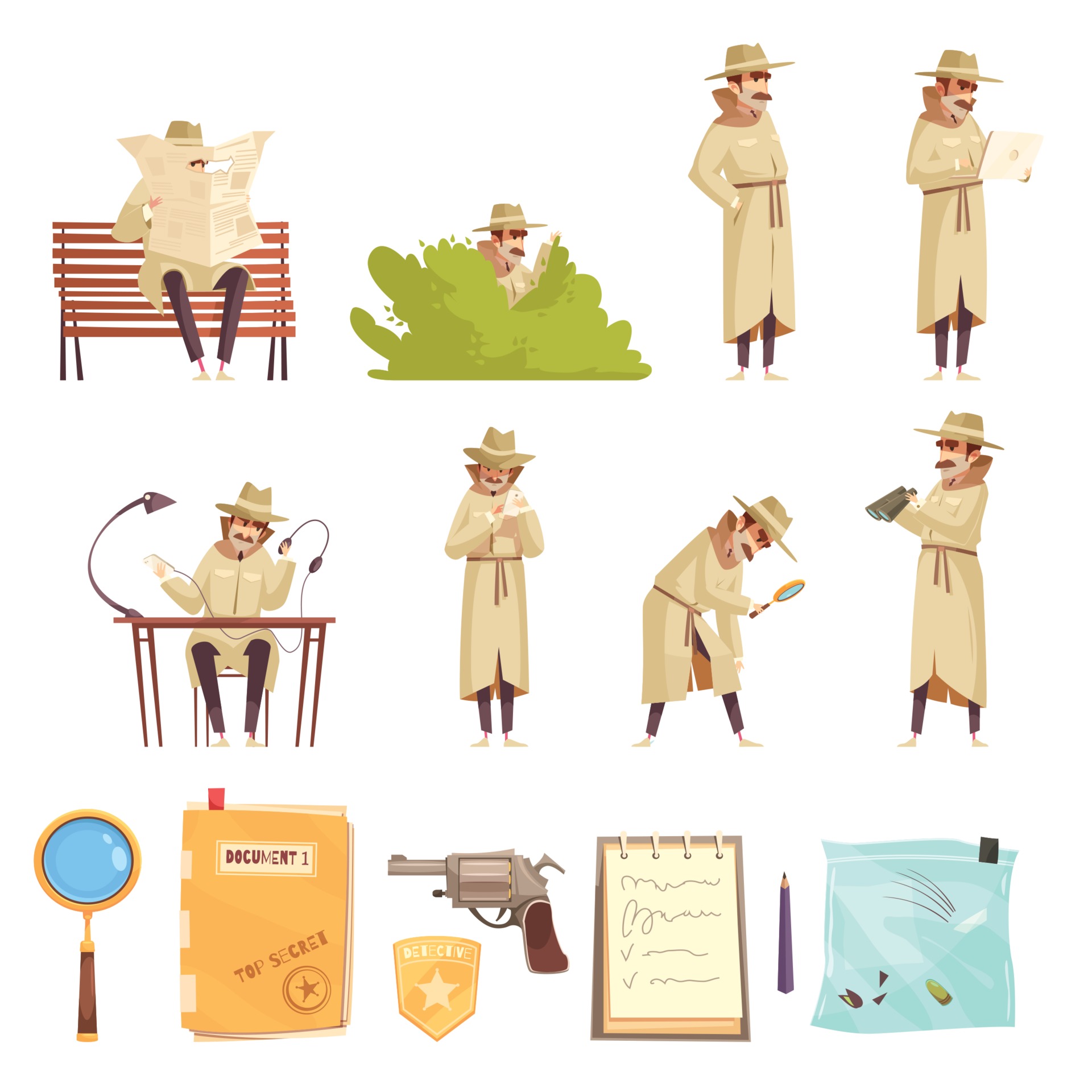 Private Detective Cartoon Icons Collection Vector Illustration Vector Art At Vecteezy