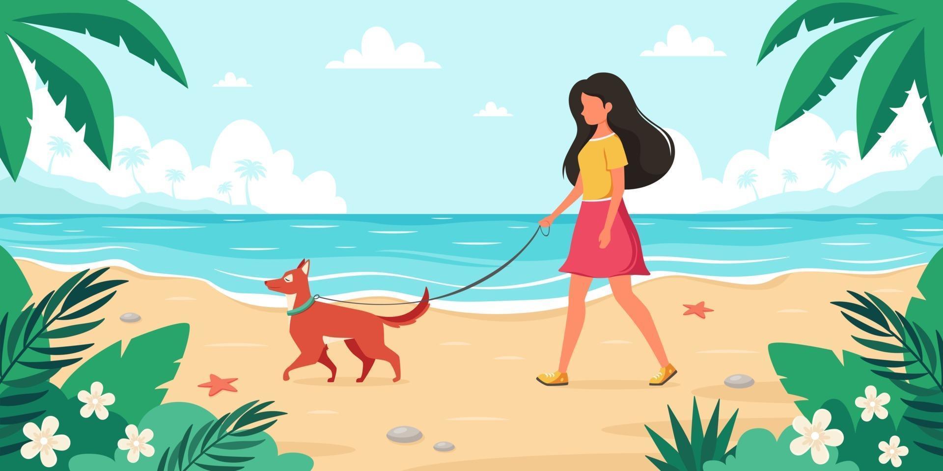 Leisure time on beach. Woman walking with dog. Summer time. Vector illustration