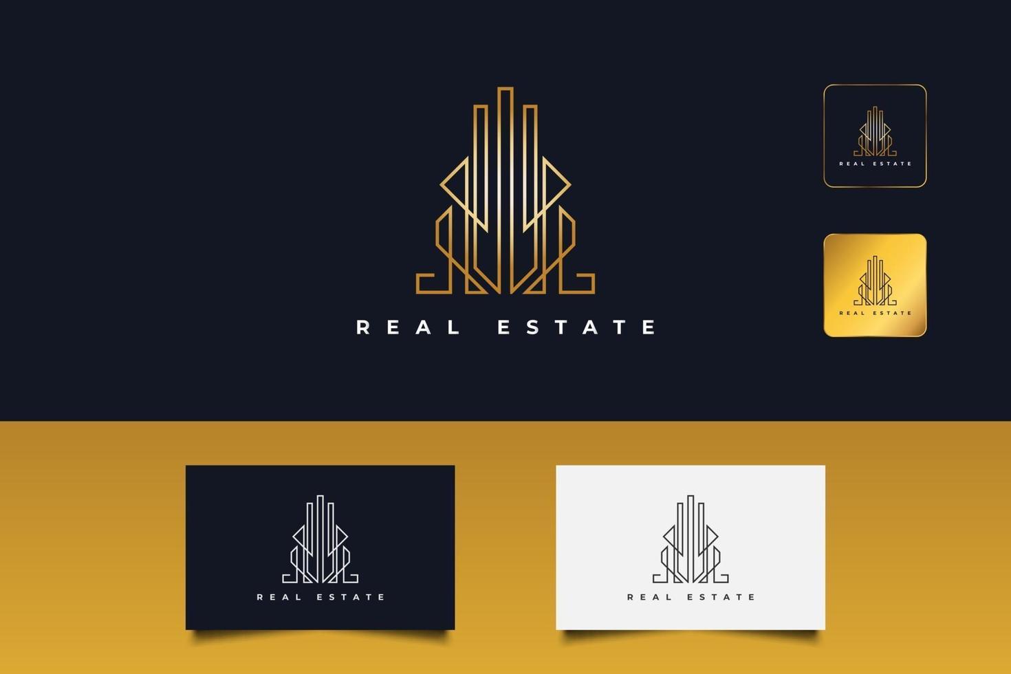 logotipo de oro de bienes raíces con estilo de línea. plantilla de diseño de logotipo de construcción, arquitectura o edificio vector