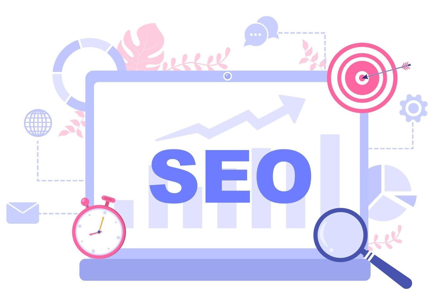 Ilustración de vector de optimización seo para motor de búsqueda, desarrollo de aplicaciones, páginas web y marcadores. página de destino o plantilla de banner