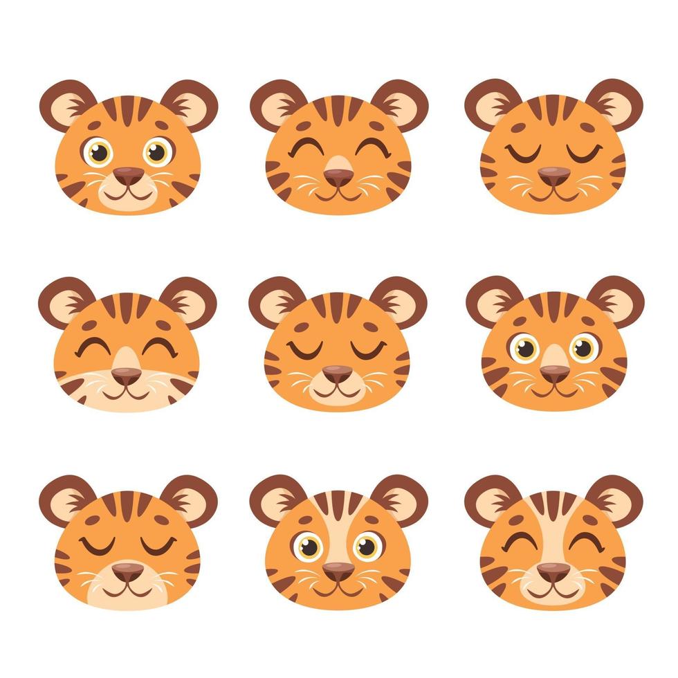 Cute tigers faces. Striped tigers set. Vector illustration