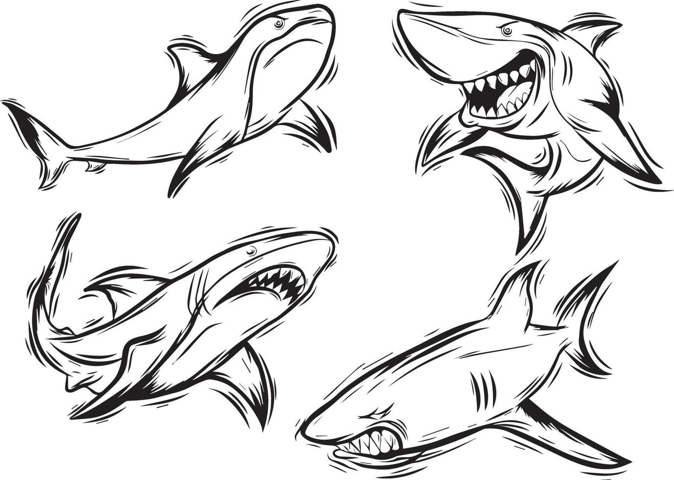 angry shark black and white set vector