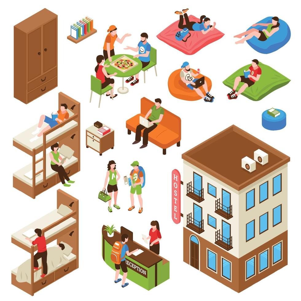 Hostel Isometric Icons Set Vector Illustration