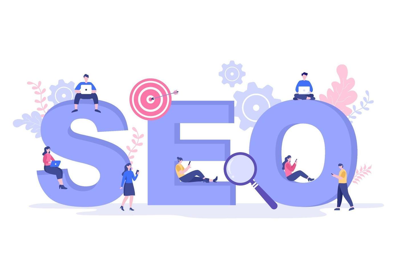 Ilustración de vector de optimización seo para motor de búsqueda, desarrollo de aplicaciones, páginas web y marcadores. página de destino o plantilla de banner