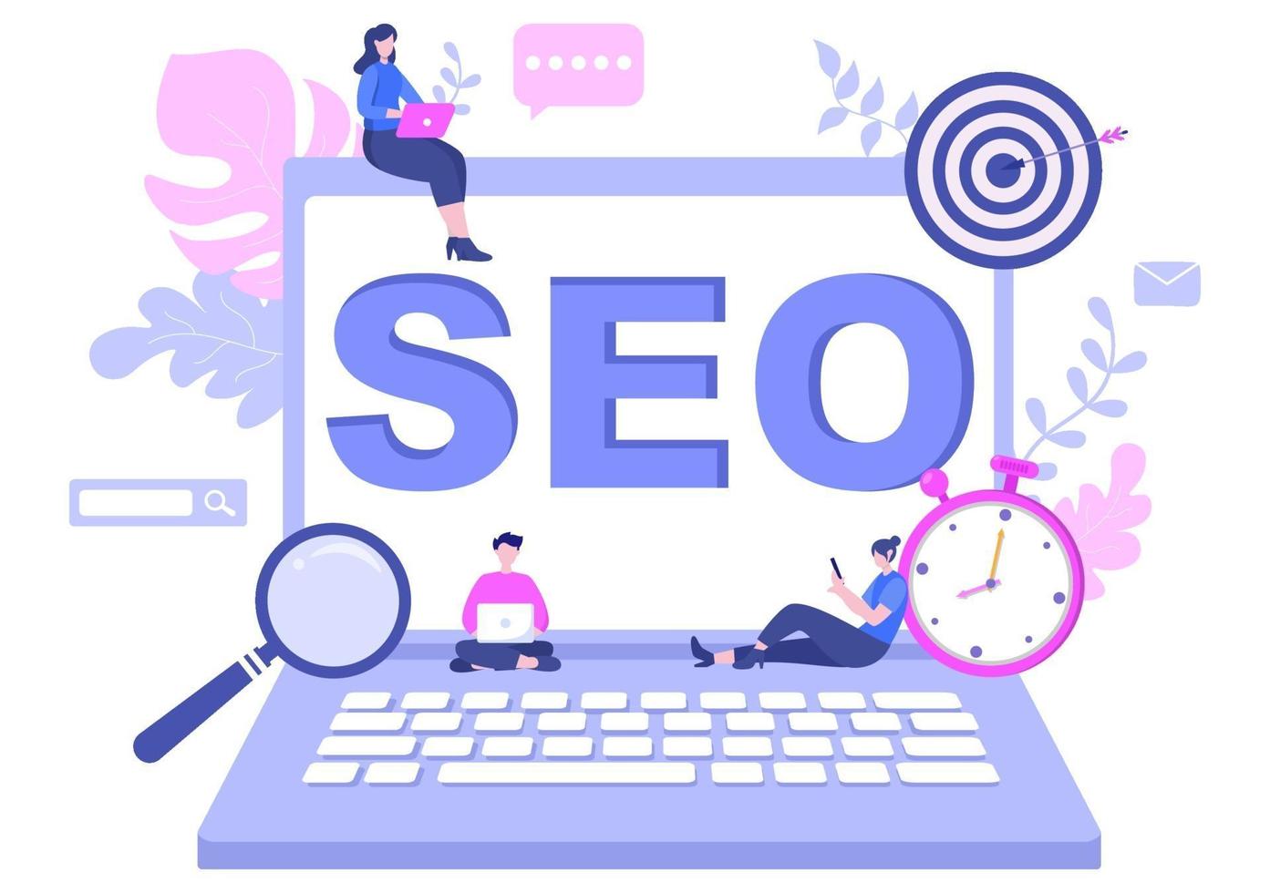 Ilustración de vector de optimización seo para motor de búsqueda, desarrollo de aplicaciones, páginas web y marcadores. página de destino o plantilla de banner