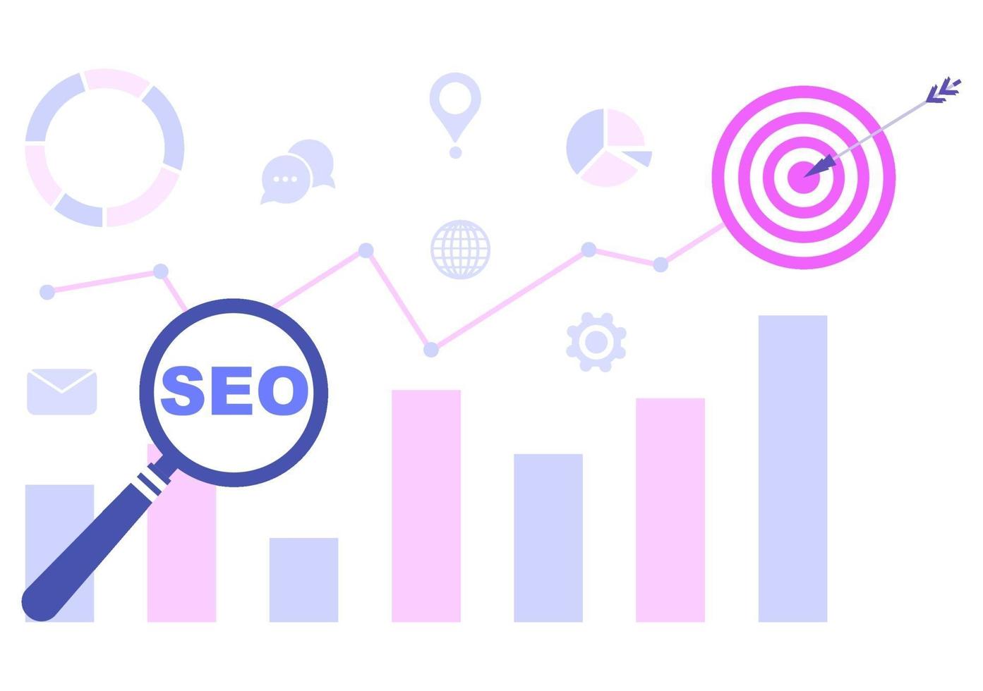 Ilustración de vector de optimización seo para motor de búsqueda, desarrollo de aplicaciones, páginas web y marcadores. página de destino o plantilla de banner