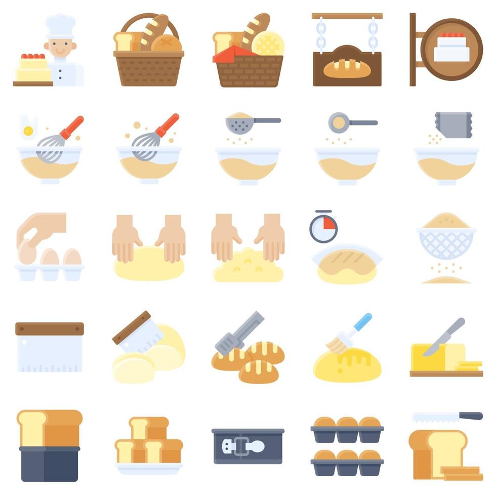 panadería y horneado relacionados con el conjunto de iconos planos 2 vector