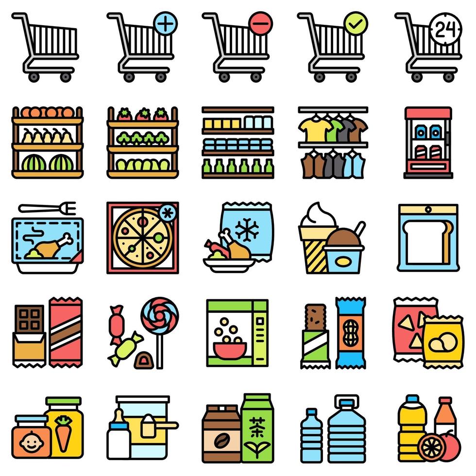 Supermarket and Shopping mall related icon set, fiiled style vector