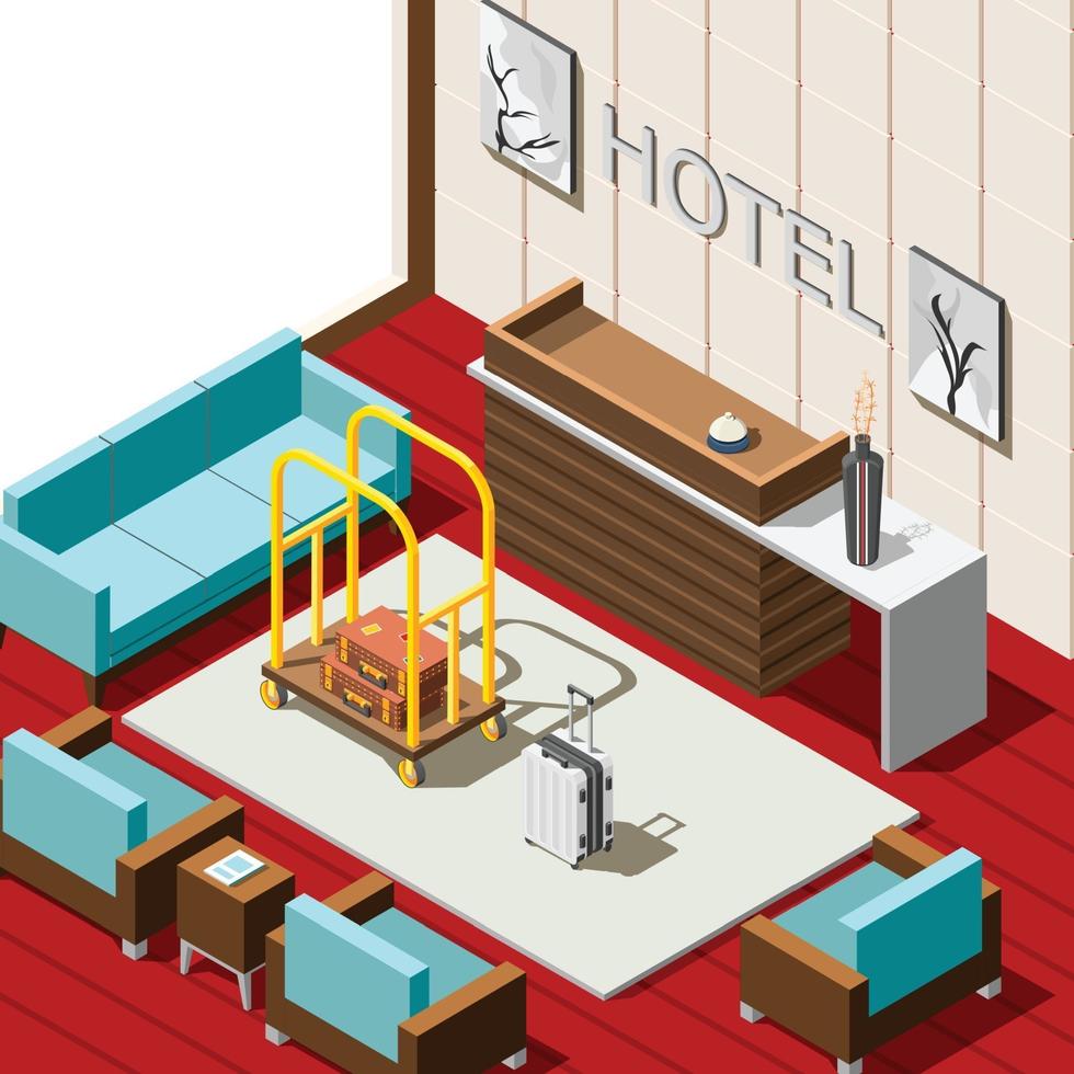 Ilustración de vector de fondo isométrico de recepción de hotel