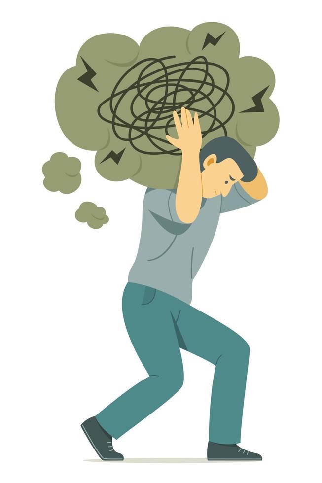 Man Carrying the Big Thinking Bubble Symbol of Confusion on Shoulder. vector