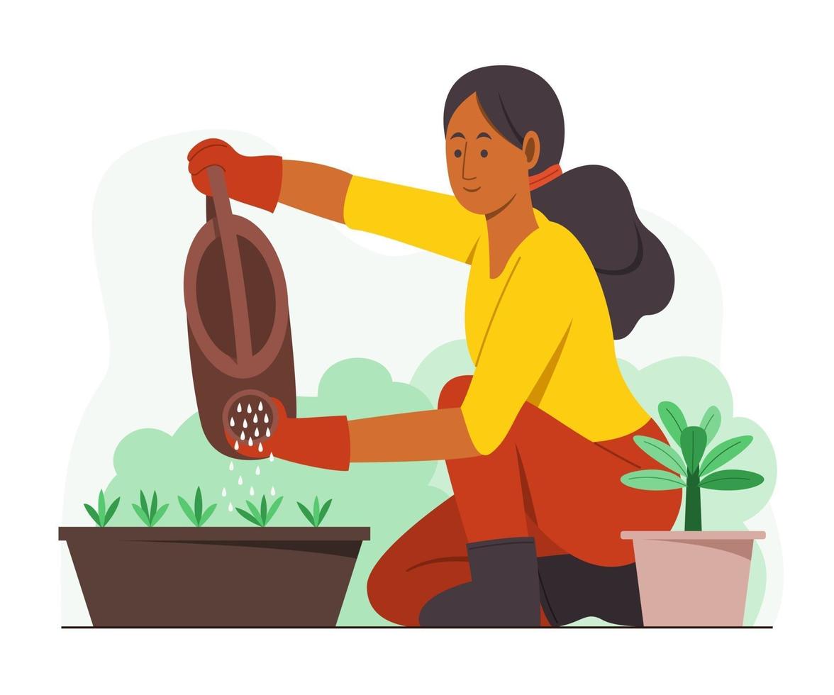 mujer disfruta regando las plantas en el jardín. vector