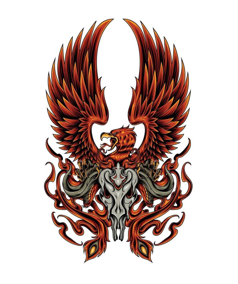 Phoenix illustration with skull. fire of phoenix design for apparel and merchandise vector