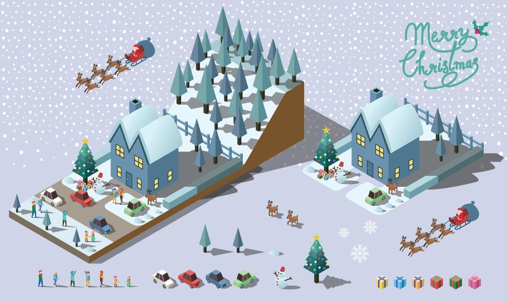 feliz navidad diseño vectorial incluye personas de la casa y vector isométrico 3d de coche