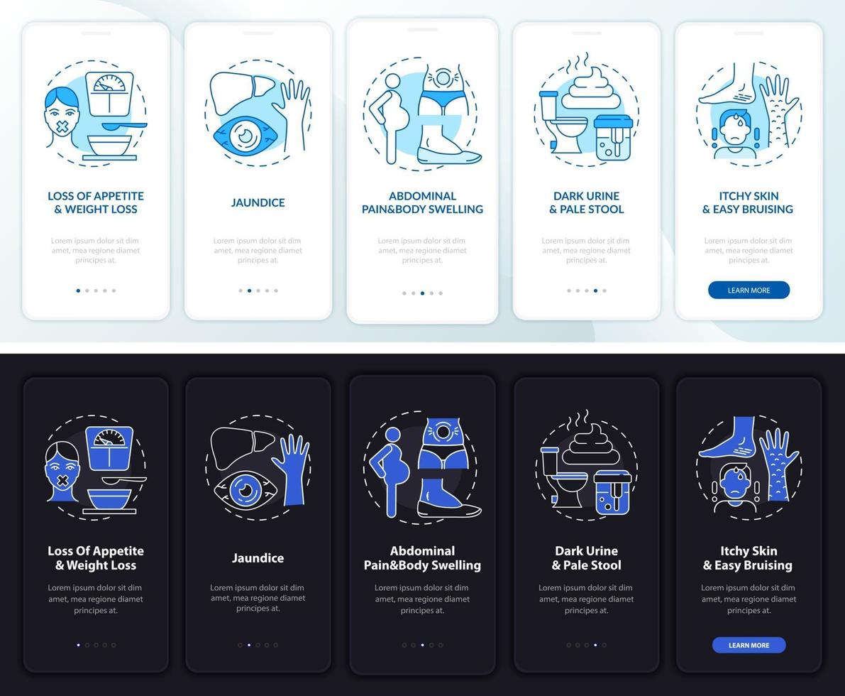 Hepatic failure cues onboarding mobile app page screen with concepts vector