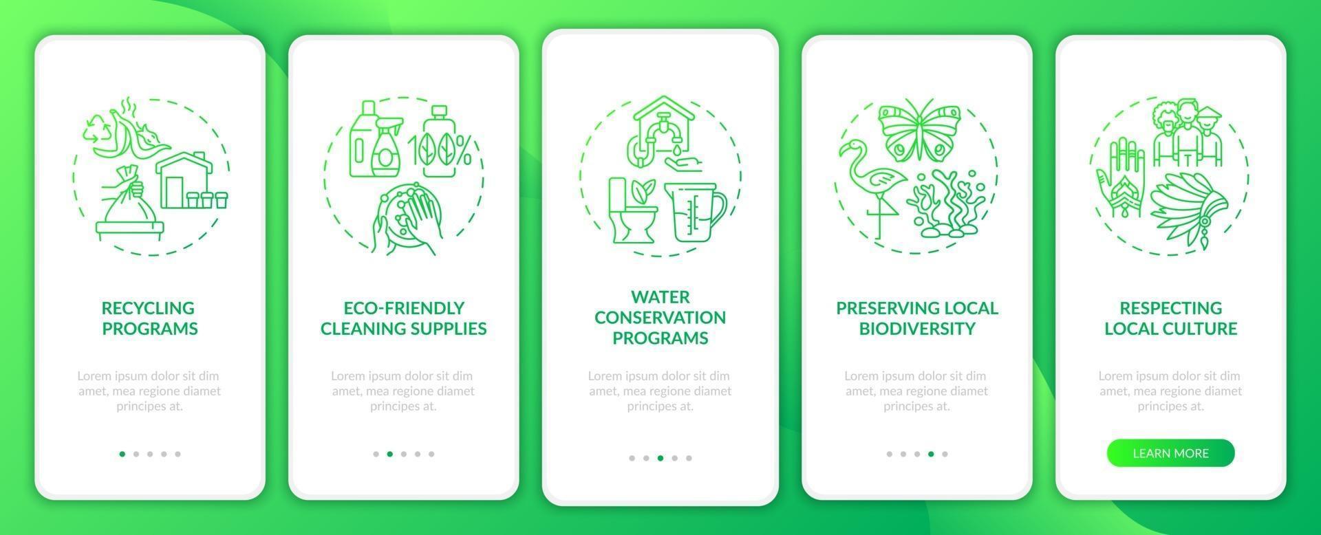 Green hotel features onboarding mobile app page screen with concepts vector