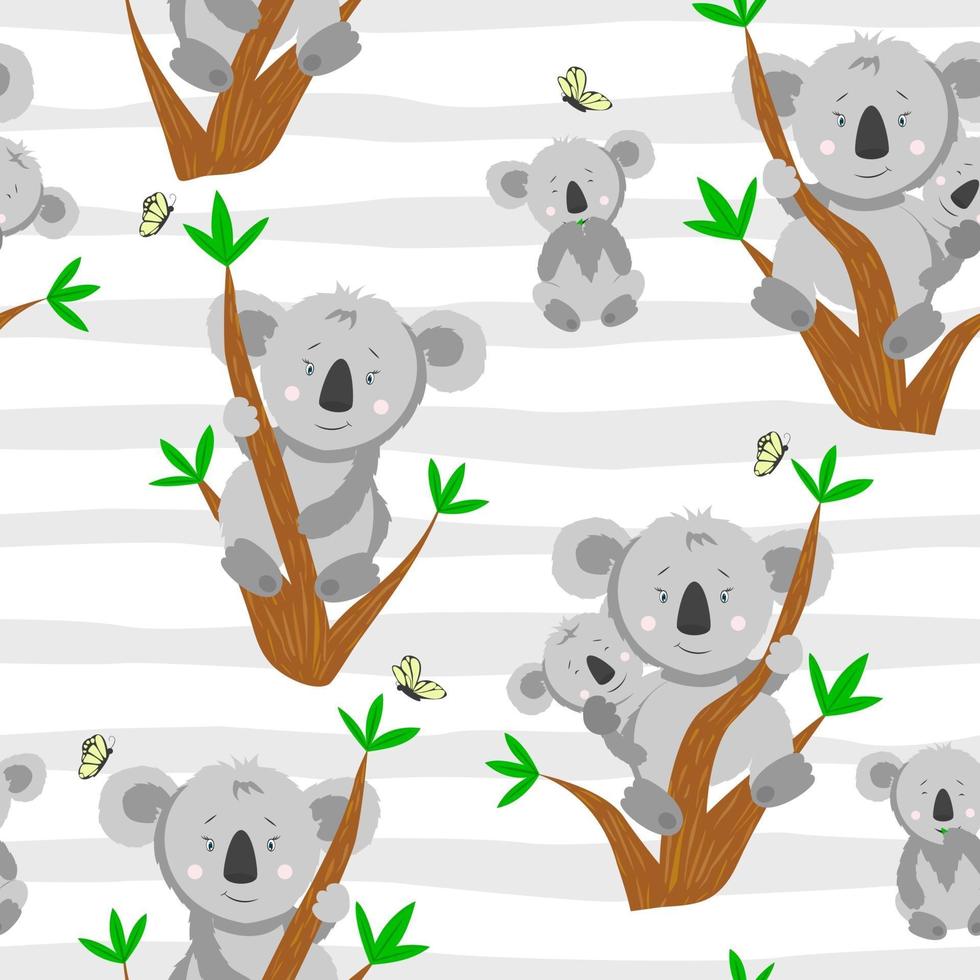 Seamless pattern with cartoon koala on the eucalyptus tree branch. Illustration with funny koala with baby koala. Pattern for fabric and clothes. vector