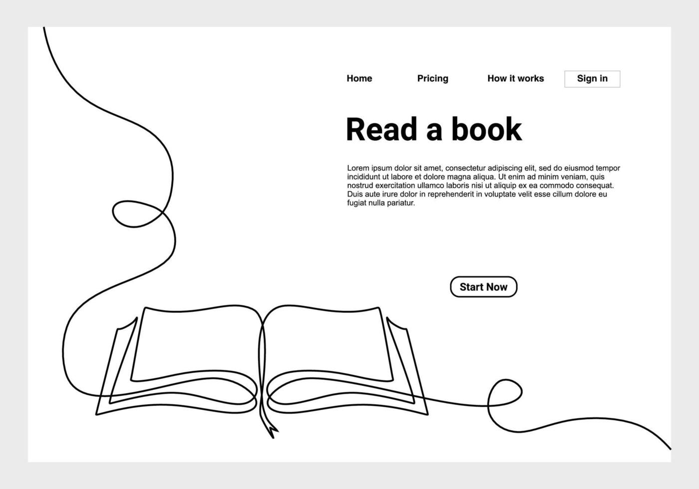 libro abierto de dibujo continuo de una línea con páginas voladoras. material educativo de ilustración vuelve al tema escolar para el sitio web de la página de destino. libro banner de dibujo de una línea. vector