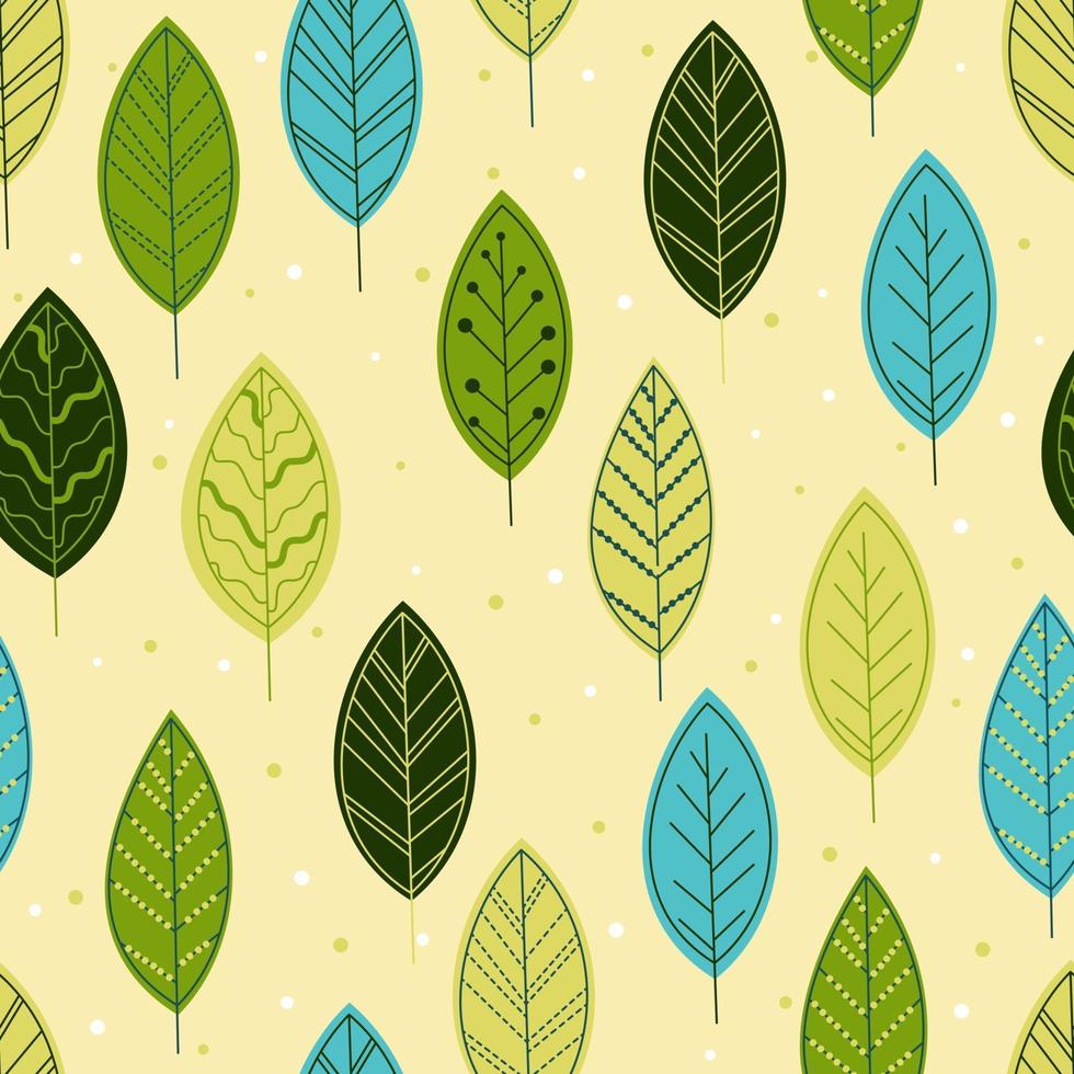 Stylized colorful leaves seamless pattern. Hand drawn decorative floral background. Vector illustration for fabric, print, web.