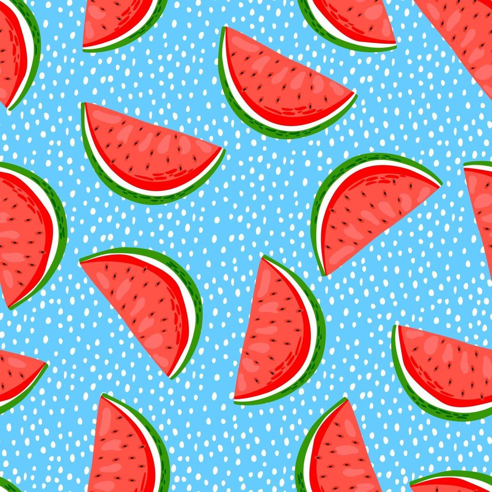 rodajas de sandía y semillas sobre un fondo azul. patrón sin costuras verano tema tropical telón de fondo frutas, bayas y hojas. perfecto para carteles de papel tapiz de fabricación textil. vector