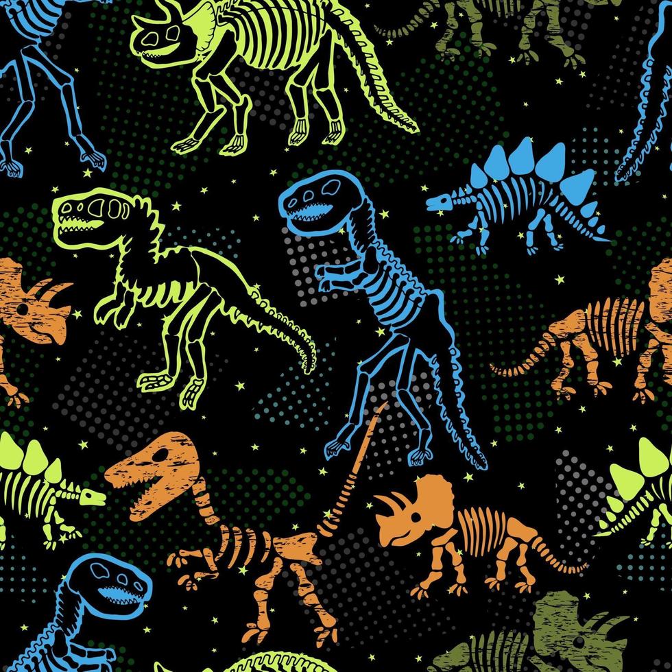 Dinosaur skeleton. Vector seamless pattern. Original design with dinosaur bones. Black background with dots. Desing for textile, clothes.