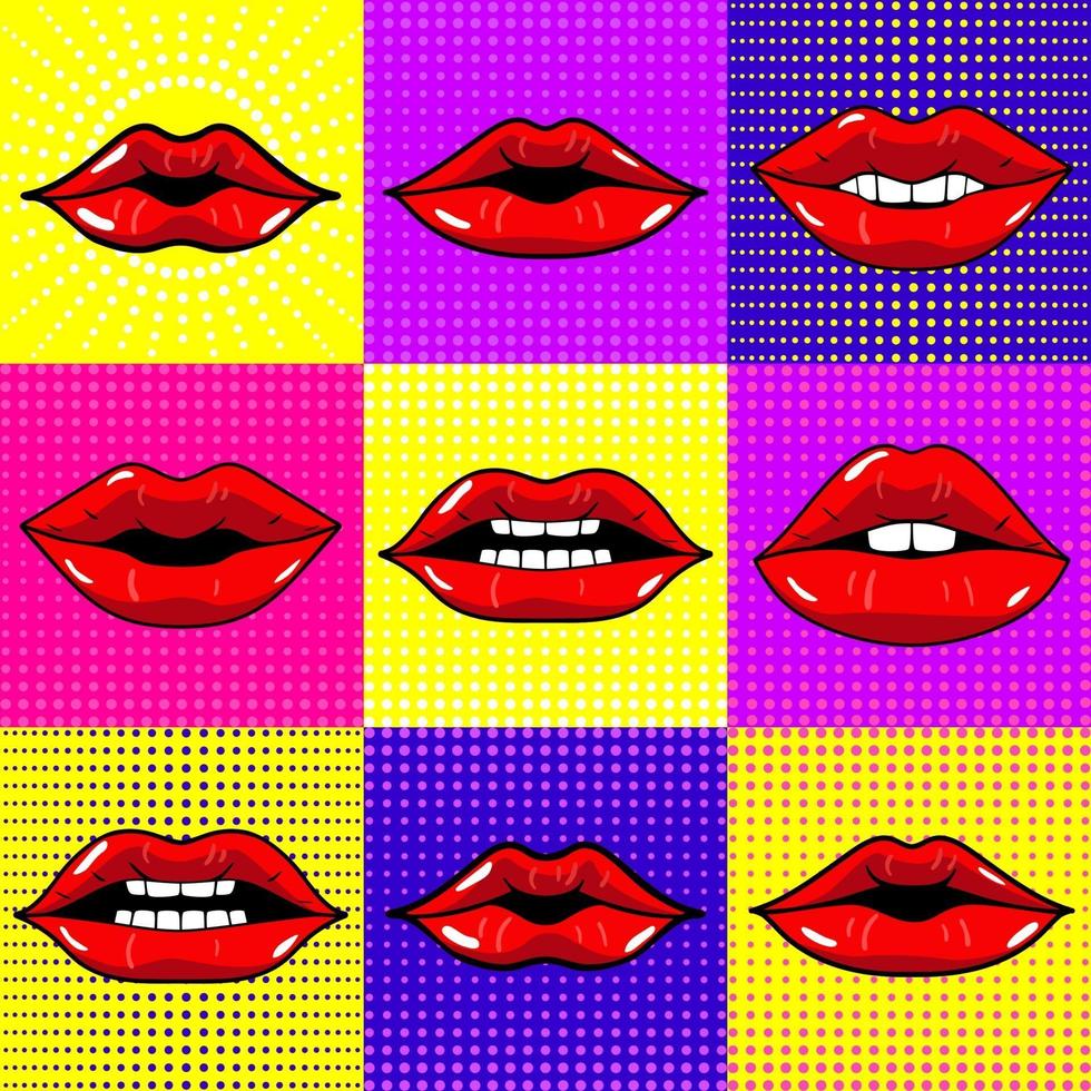 ilustraciones vectoriales dibujadas a mano. boca con dientes. labios femeninos en fondo brillante. estilo pop-art. vector