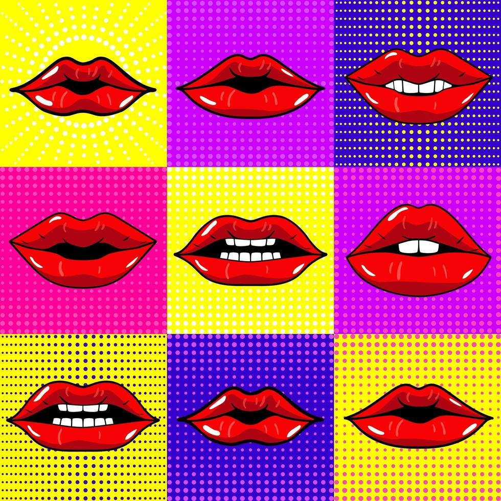 Hand drawn vector illustrations. Mouth with teeth. Female lips set on bright background. Pop-art style.