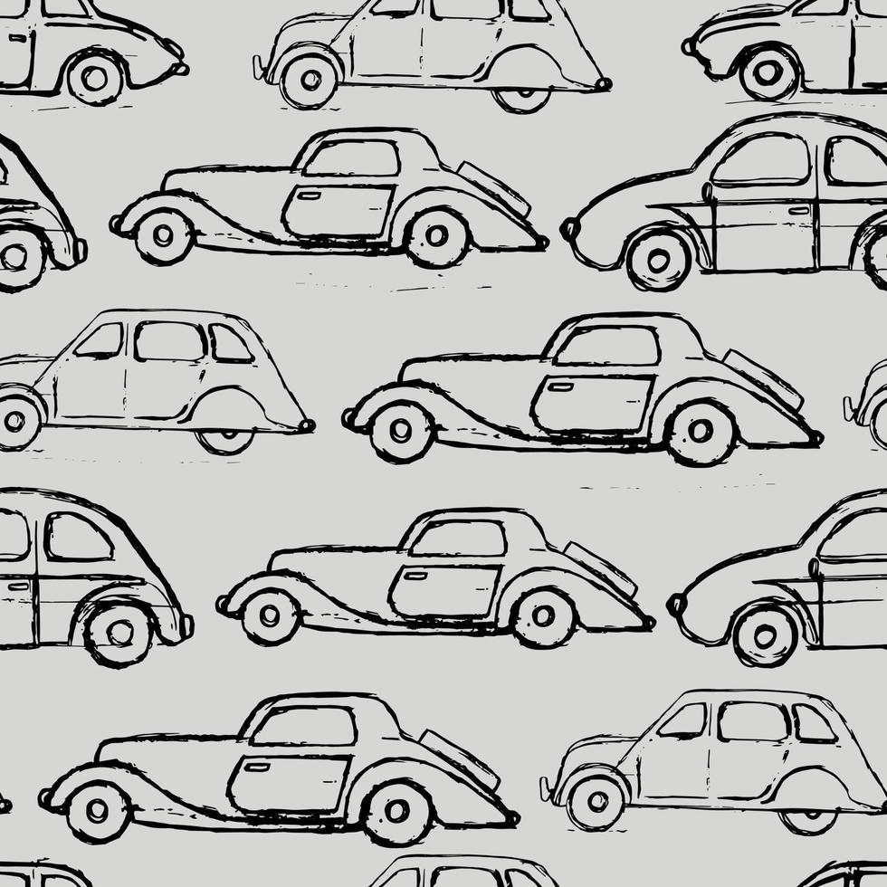 Fondo de transporte de dibujos animados para niños. vector de patrones sin fisuras con coches retro doodle.