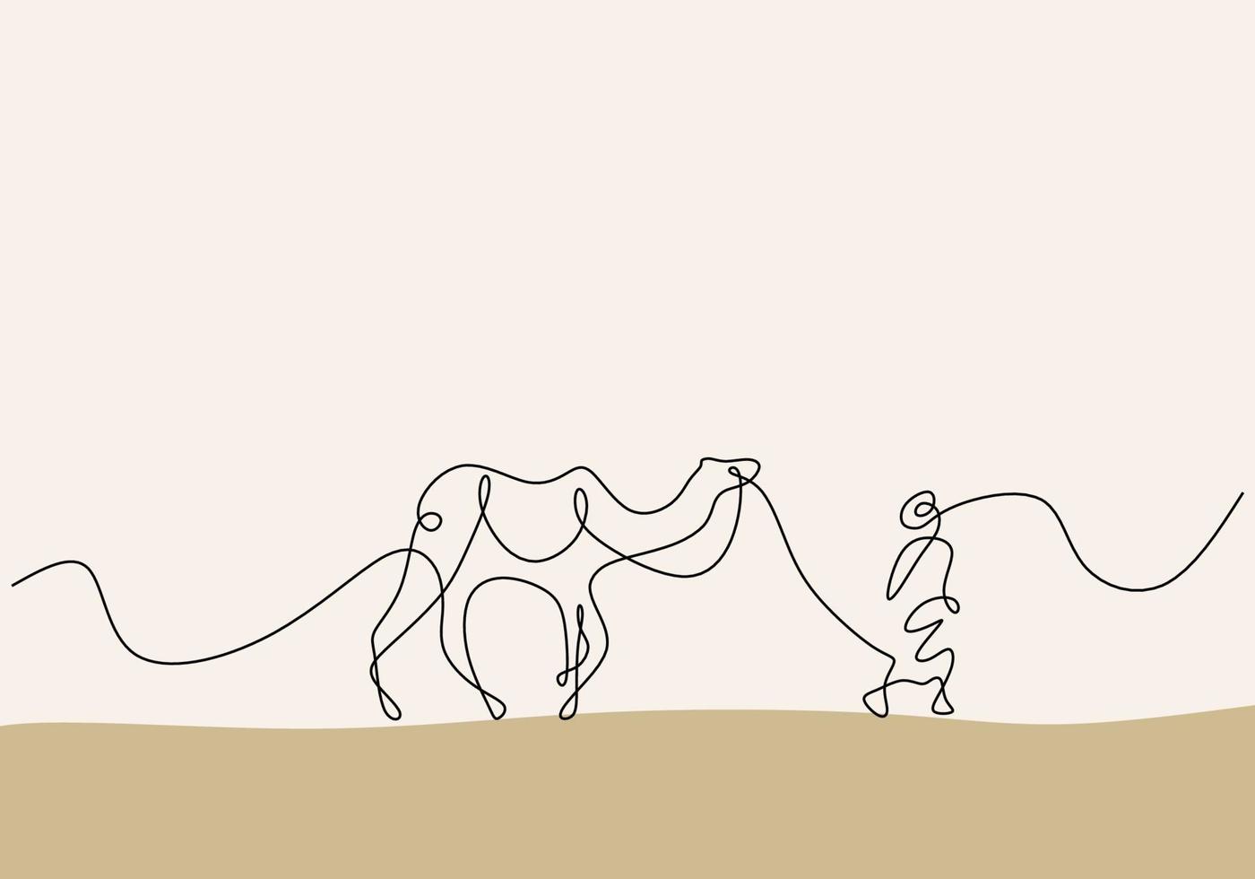 Continuous one line drawing of a man with camel on the desert vector
