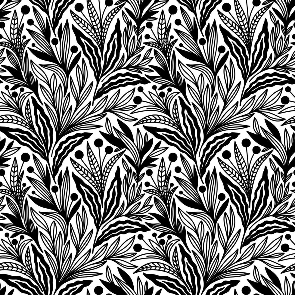 SEAMLESS BLACK AND WHITE FLORAL ORNAMENTS PATTERN vector