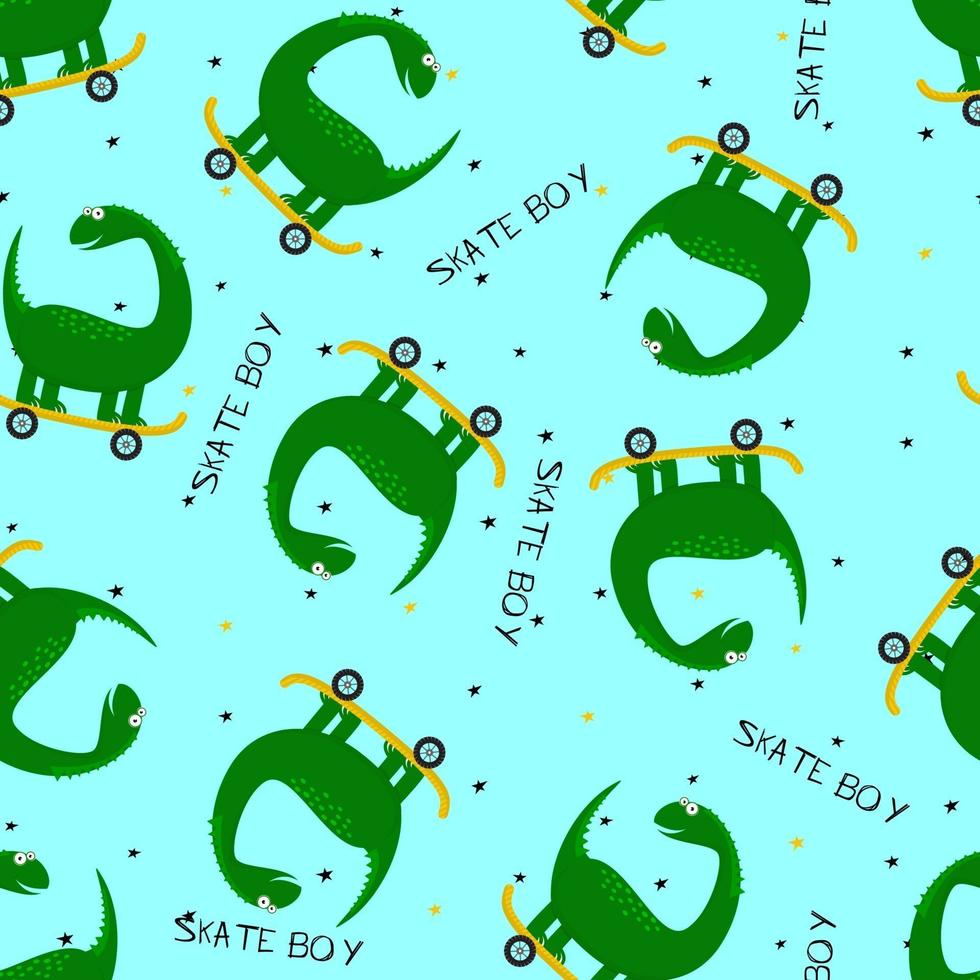 Cute dinosaur rides on skateboard. Seamless pattern. Ideal texture for fabric kids, textile, apparel. vector