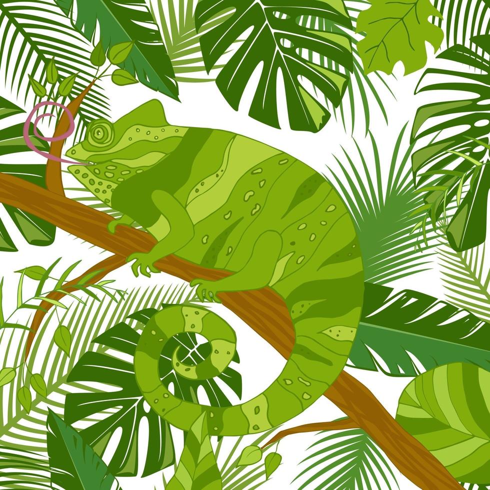 Cute cartoon chameleon on tree with tropical leaves. Vector illustration, hand-drawn flat style.