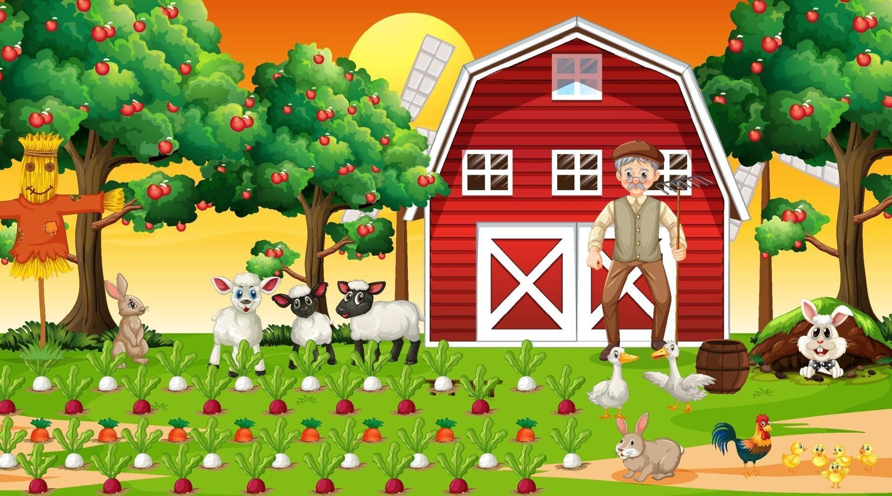 Farm scene at sunset with old farmer man and cute animals vector