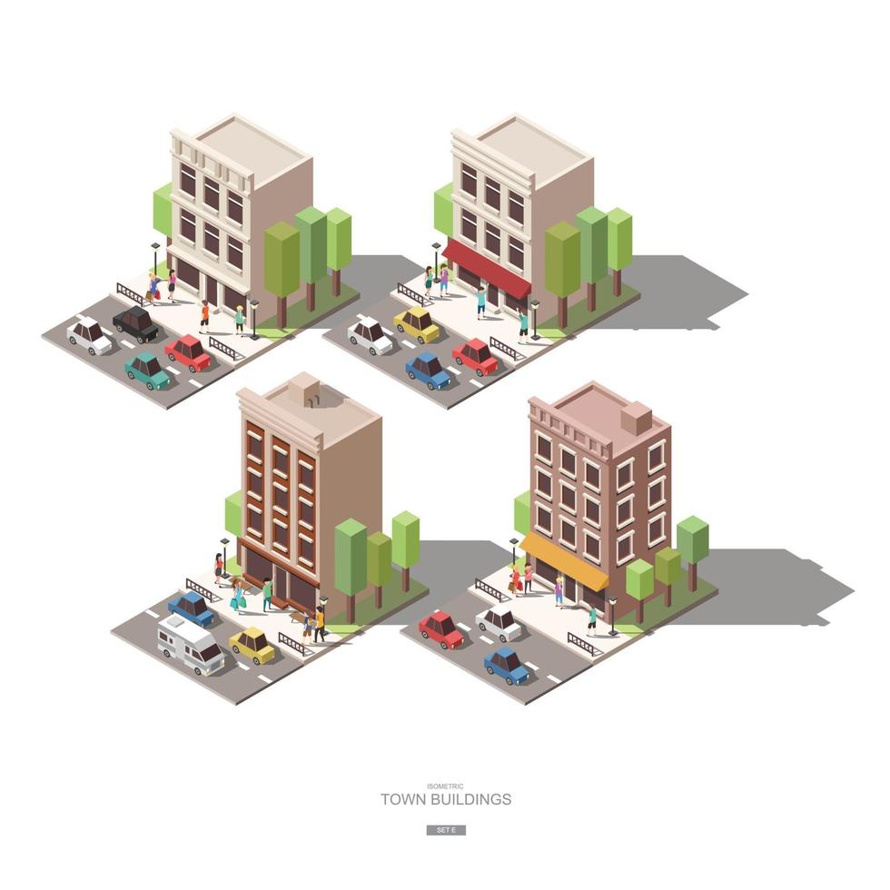 isometric town buildings with people car and tree vector icon design Set E