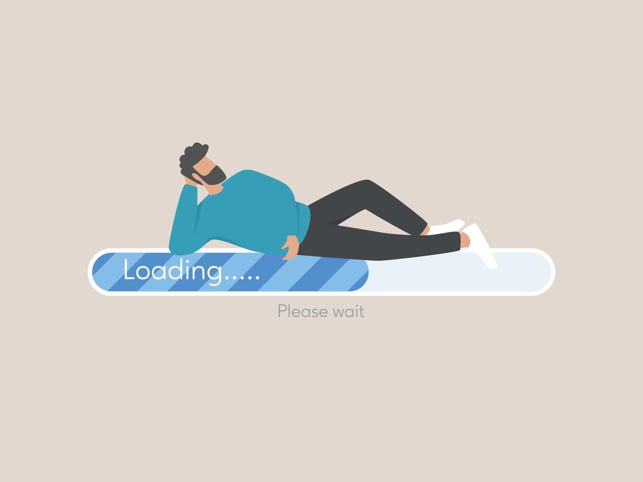 File uploading concept, young man character laying on a web loading or progress bar vector