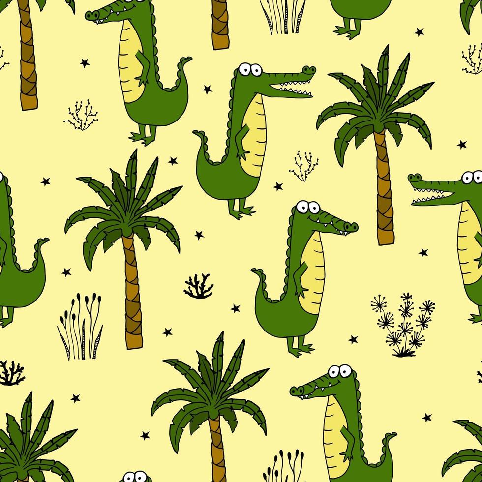 Seamless pattern with a cute green crocodile with palms and grasses. Vector illustration for printing on fabric, packaging paper, Wallpaper. Cute children's background.