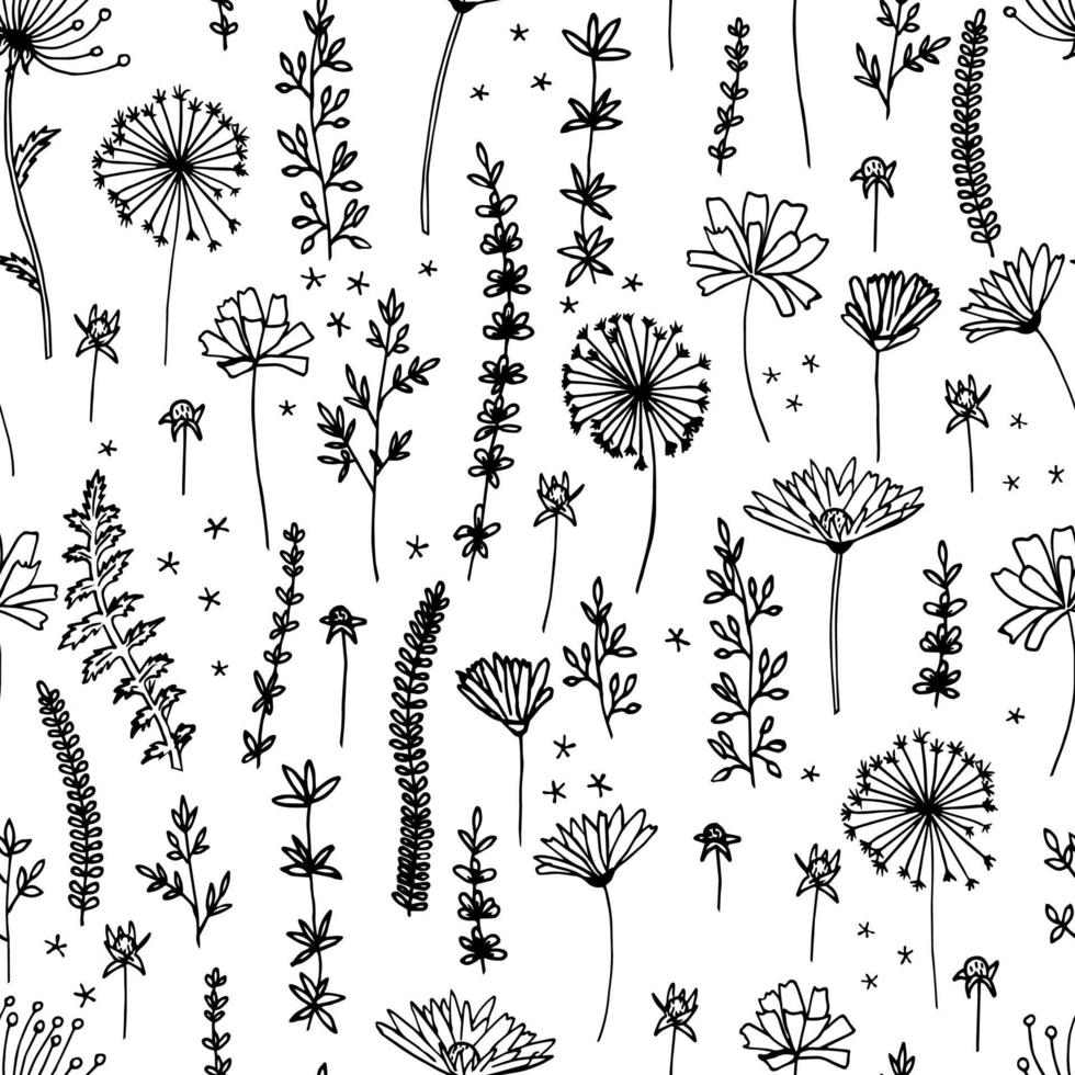 Silhouettes monochrome floral seamless pattern. Wild branches, leaves, flowers scattered random. Botanical vector illustration on white. Print for fabric.
