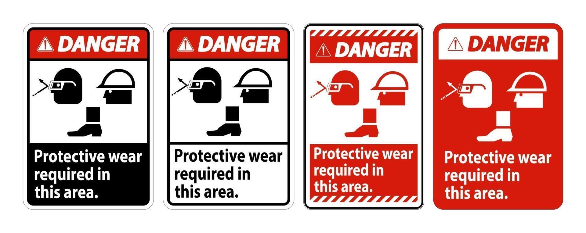 Danger Sign Protective Wear Is Required In This Area With Goggles Hard Hat And Boots Symbols on white background vector