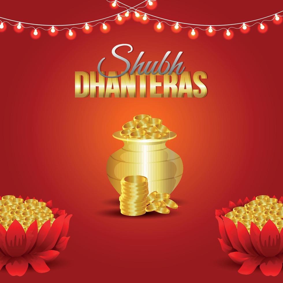 venta de dhanteras tarjeta de felicitación y pancarta con flor de loto y moneda de oro con kalash vector