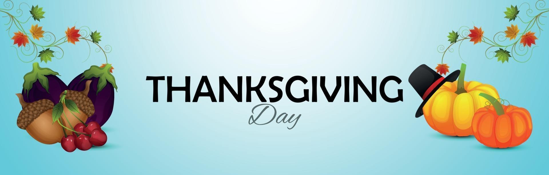 Happy thanksgiving day celebration banner with realistic fruits and pimpkin vector