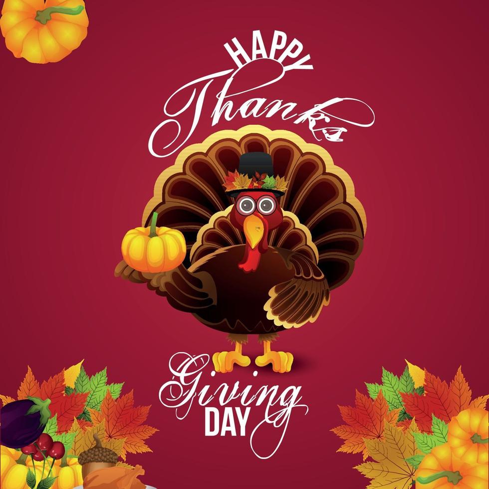 Vector illustration of thanksgiving day with turkey bird and autumn leaf