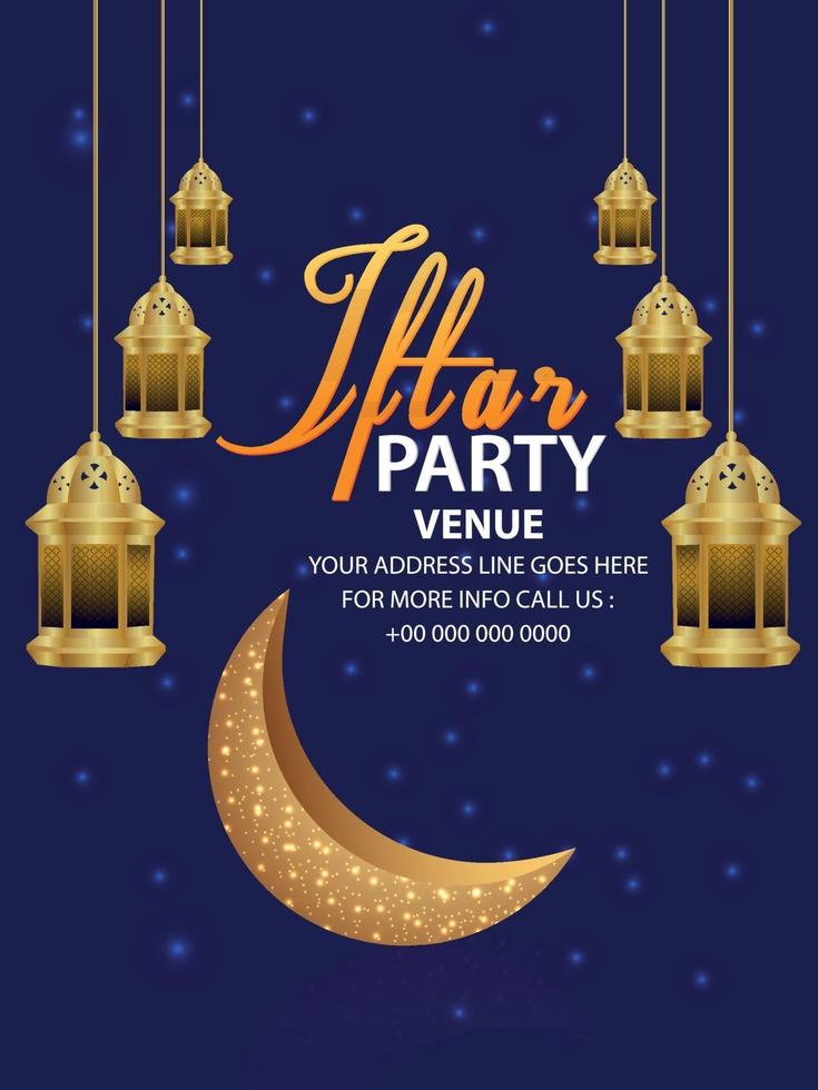 Iftar party celebration poster with vector illustration of lantern and arabic moon