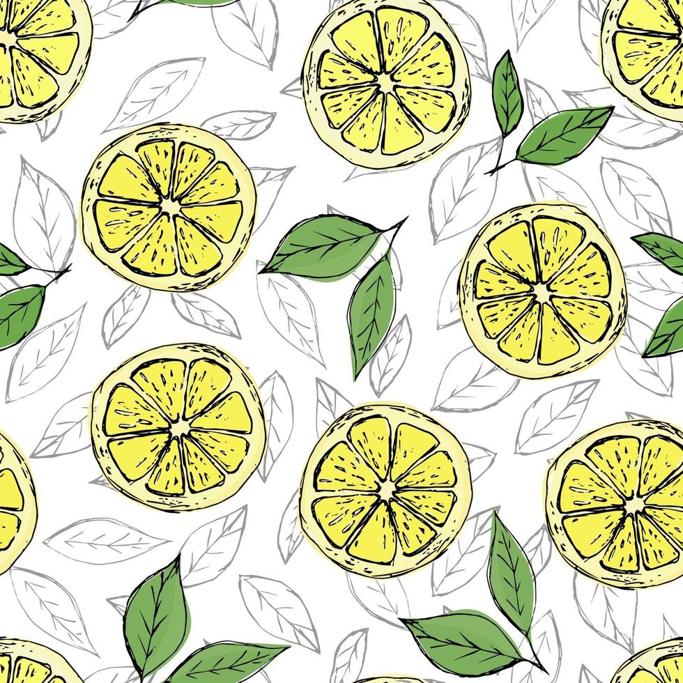 Colorful seamless pattern of hand drawn lemons and green leaves on white background. Perfect for textile manufacturing wallpaper posters and web. vector