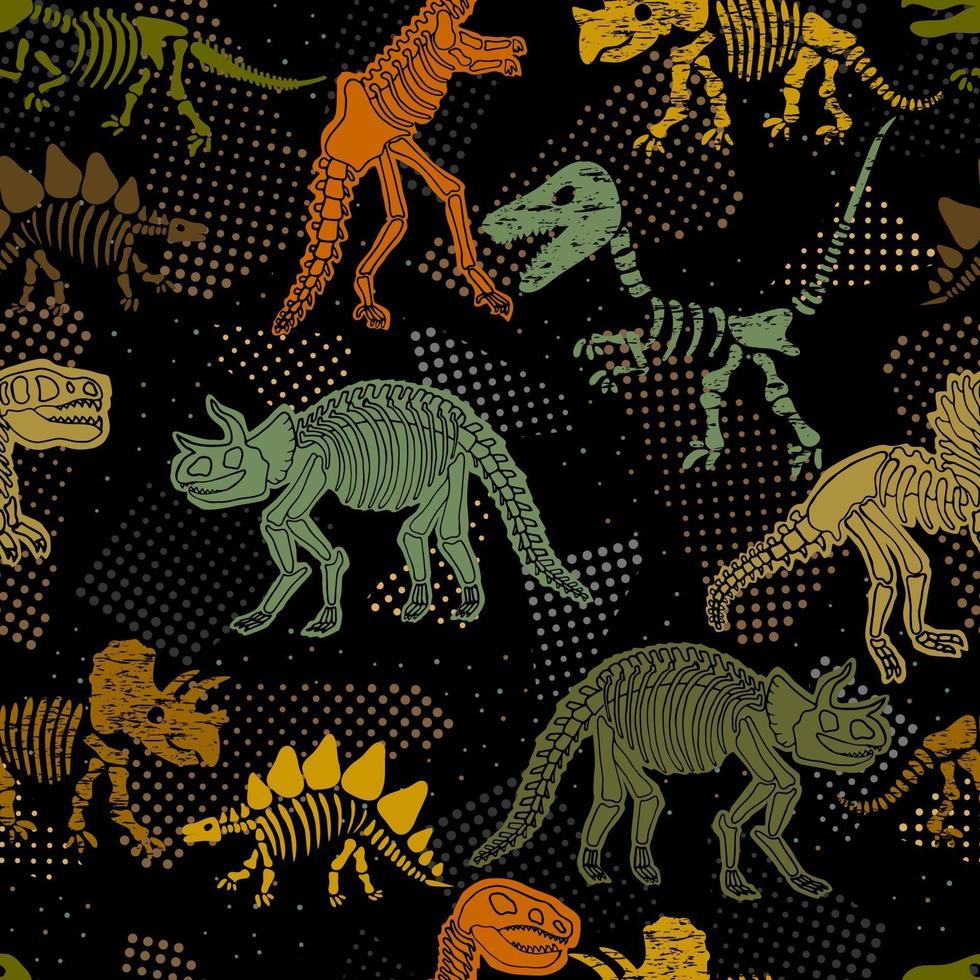 Dinosaur skeleton. Vector seamless pattern. Original design with dinosaur bones. Black background with dots. Desing for textile, clothes.