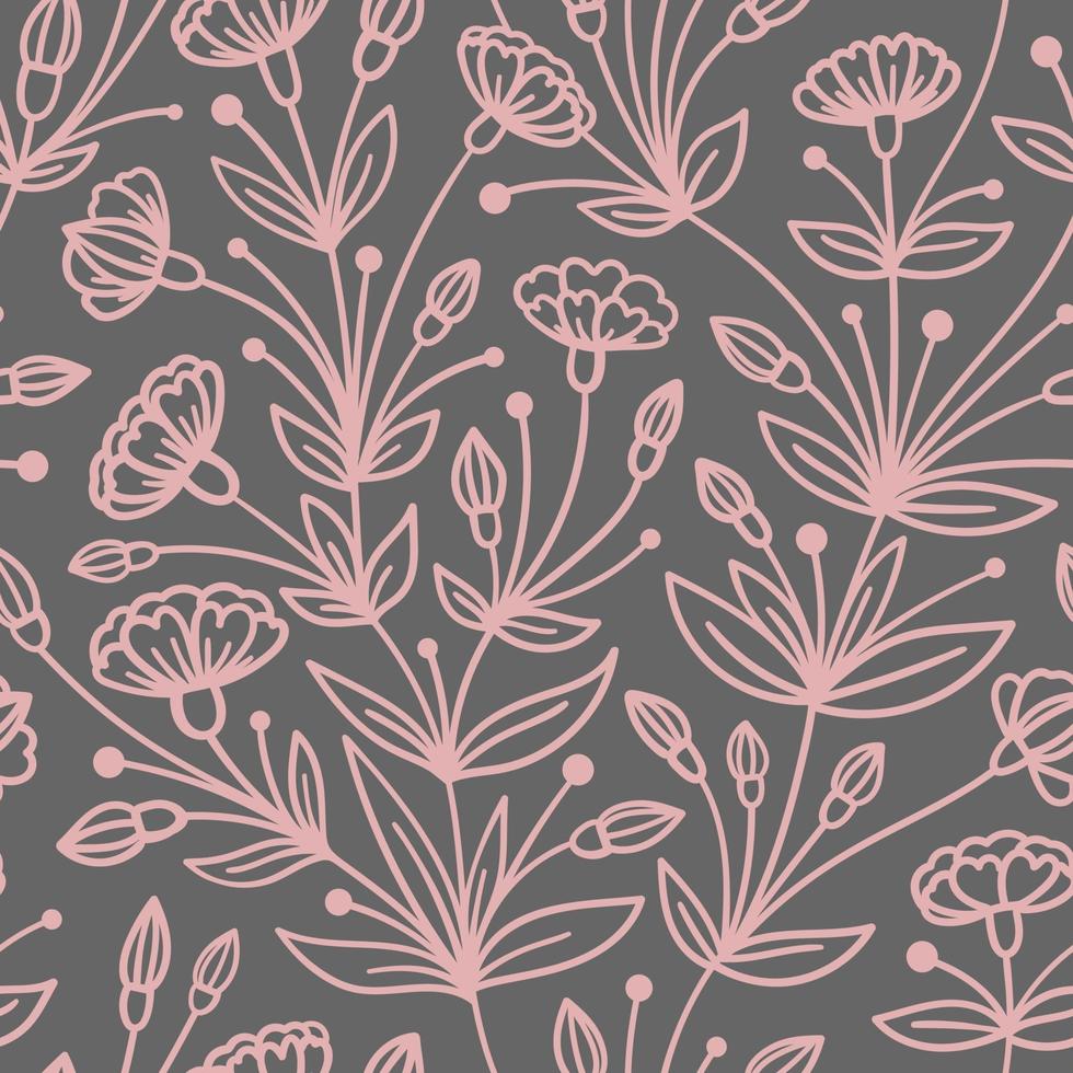 SEAMLESS GRAY PATTERN WITH TRAILING PINK FLOWERS vector