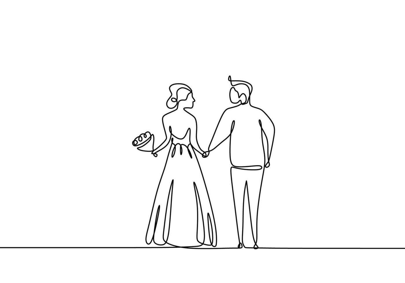 Drawing line, of newlyweds holding hands taking pre wedding. Romantic couple wedding one line. vector