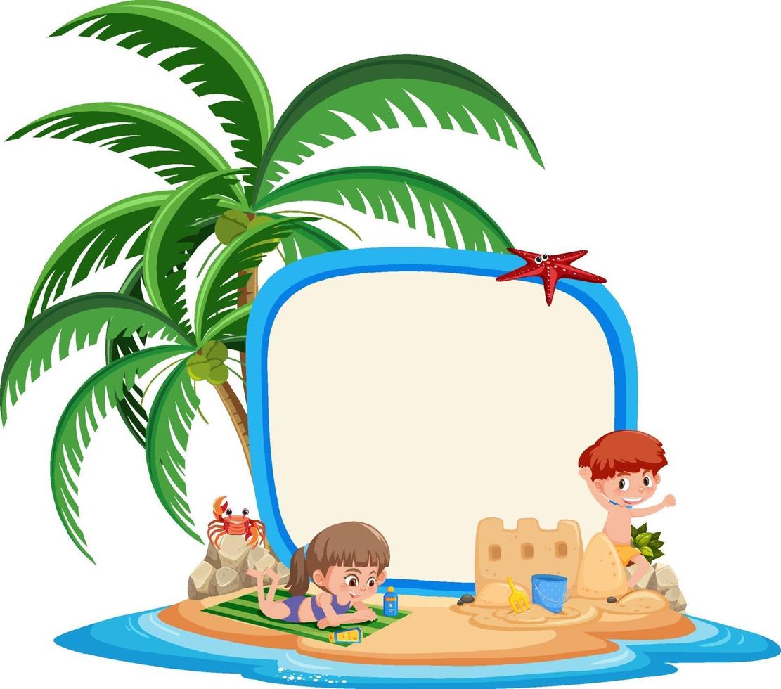 Plantilla de banner vacío con carácter de niños en vacaciones de verano en la playa sobre fondo blanco. vector