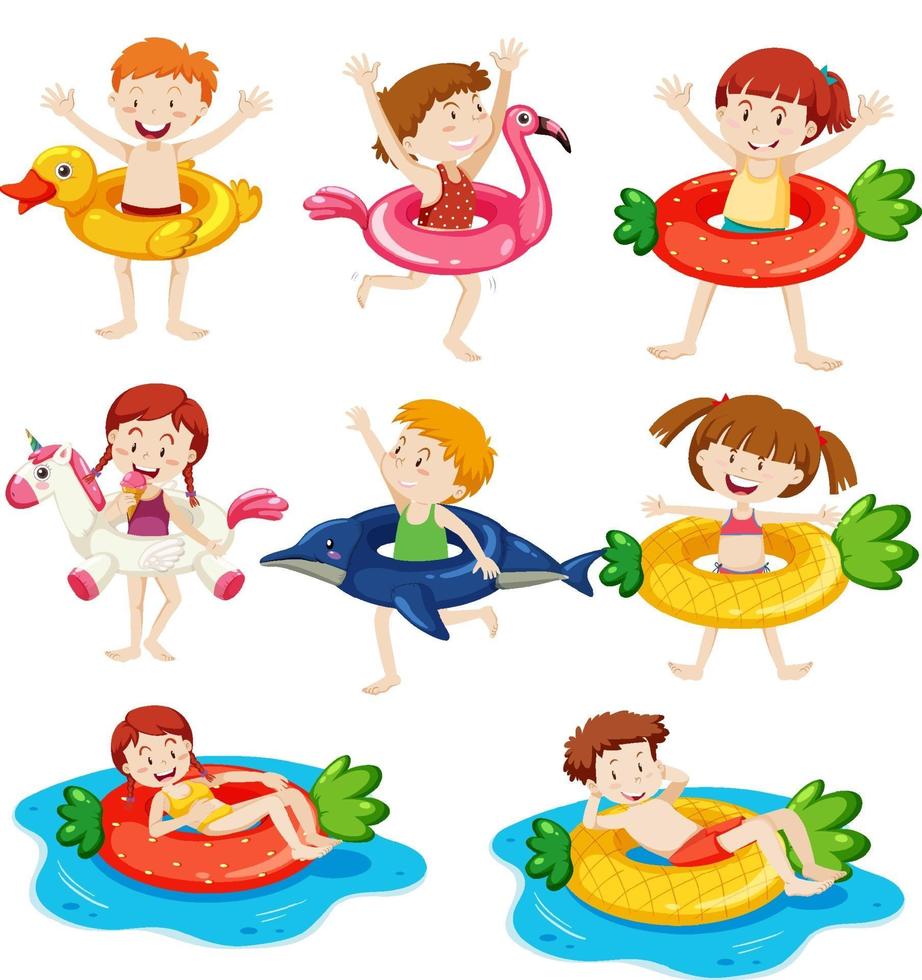 diferentes niños con su anillo de natación aislado vector