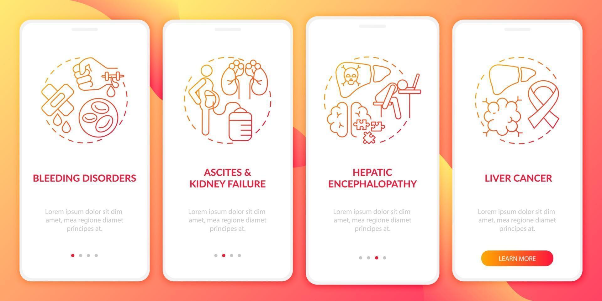 Liver fatal outcome onboarding mobile app page screen with concepts vector