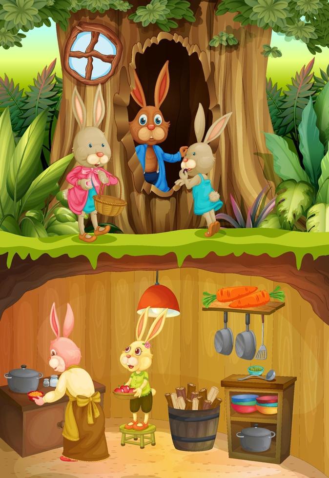 Familia de conejos en el subsuelo con la superficie del suelo de la escena del jardín. vector